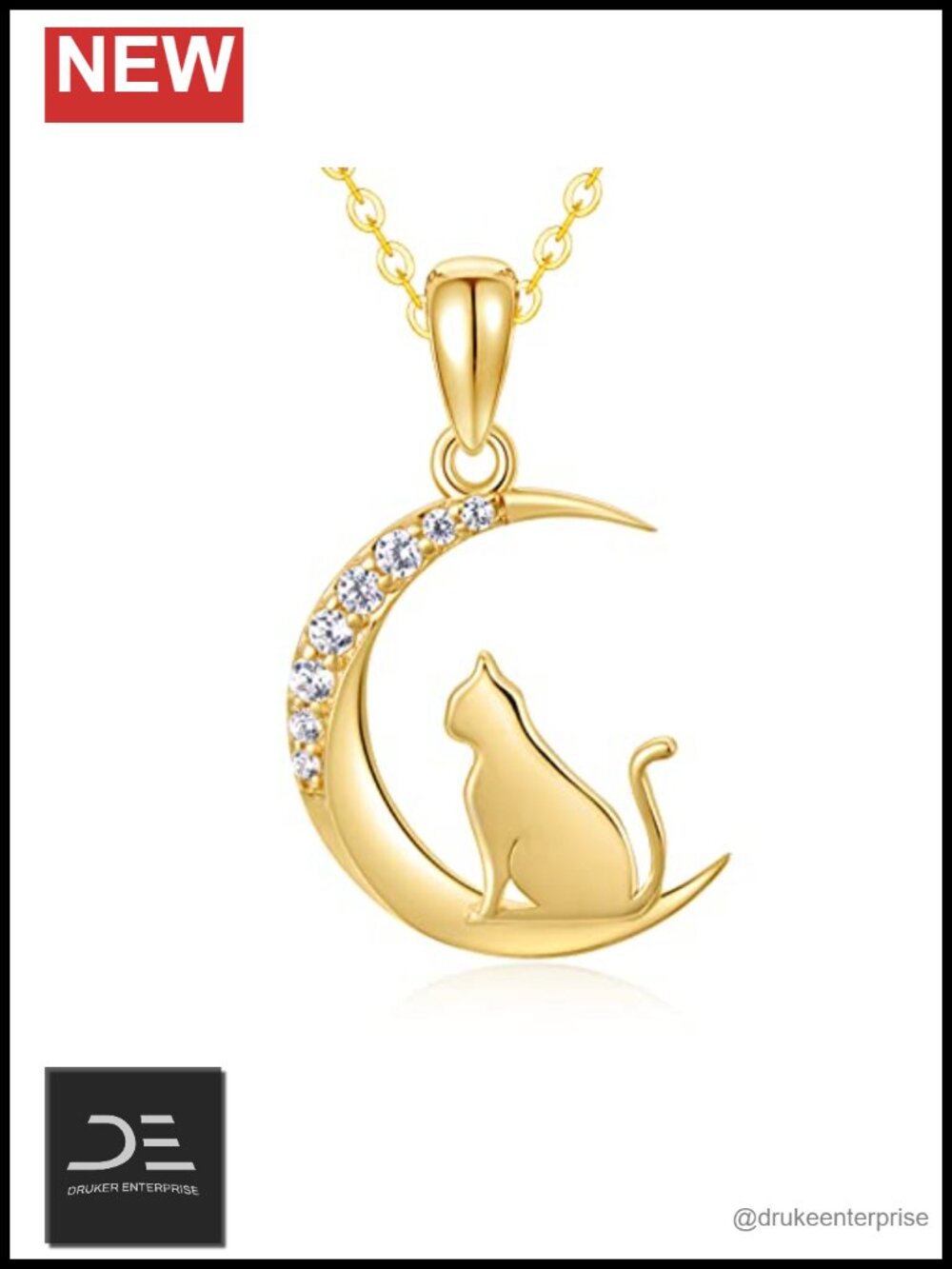 14k Gold Real Diamond Cat Moon Pendant Necklace 18 Inch